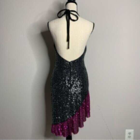 NWT One33 Social Black & Purple Sequin Colorblock Backless Halter Dress - Picture 10 of 13